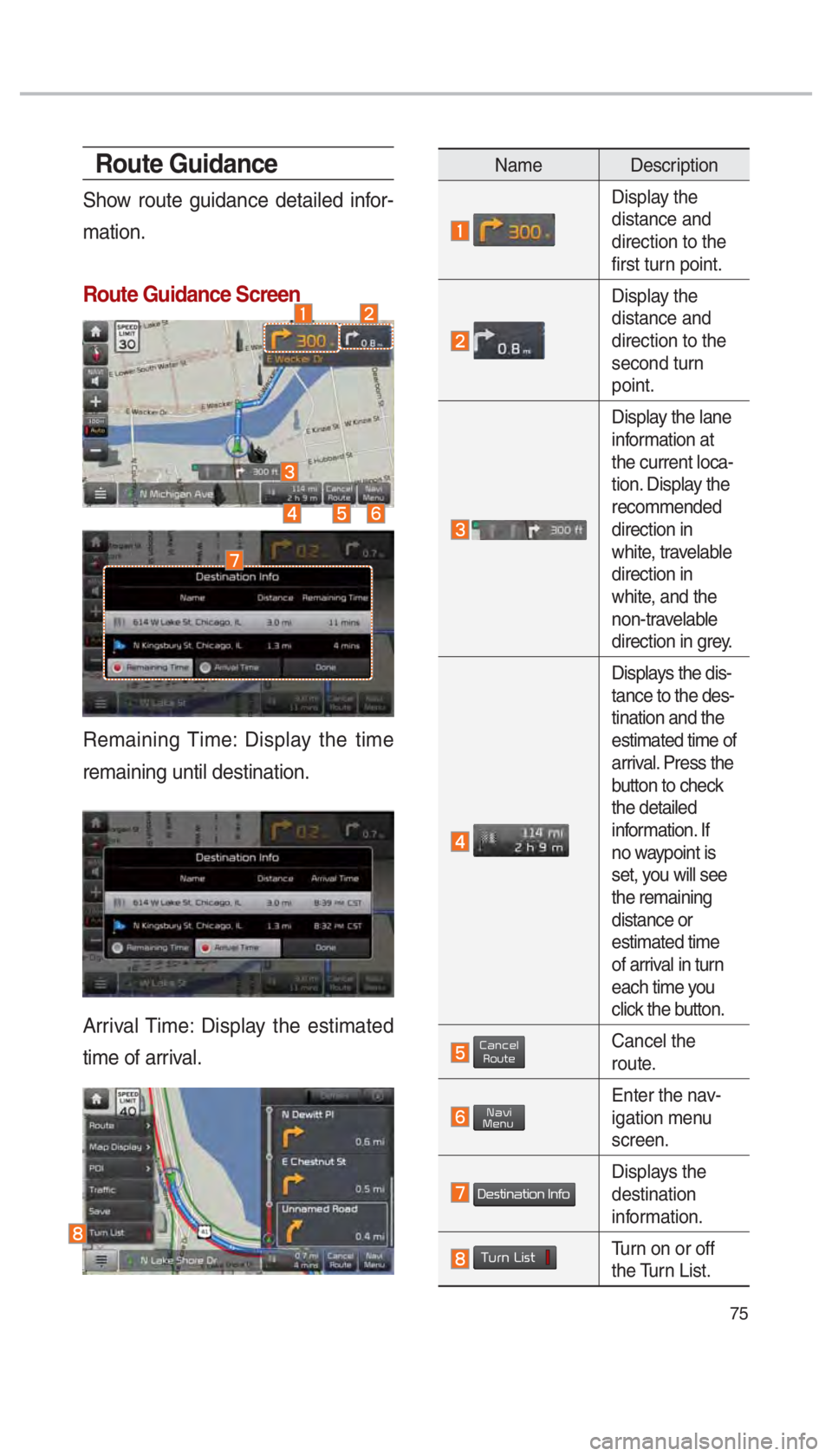 KIA OPTIMA HYBRID 2017  Navigation System Quick Reference Guide 75
Route Guidance
Show route guidance detailed infor-
mation. 
Route Guidance Screen
Remaining Time: Display the time 
remaining until destination.
Arrival Time: Display the estimated 
time of arrival