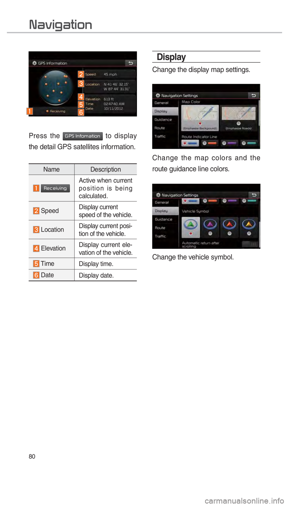 KIA OPTIMA HYBRID 2017  Navigation System Quick Reference Guide 80
003100440059004C004A00440057004C00520051
Display
Change the display map settings.
Change the map colors and the 
route guidance line colors.
Change the vehicle symbol.
Press the 002A003300360003002