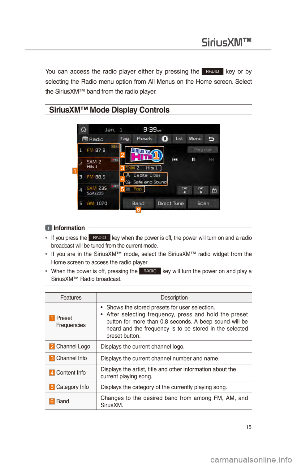 KIA OPTIMA HYBRID 2017 Quick Reference Guide 15
You can access the rad\fo player e\fther by press\fng the RADIO key or by
select\fng the Rad\fo menu opt\fon from All Menus on the Home screen. \belect
the \b\fr\fusXM™ KIA OPTIMA HYBRID 2017 Quick Reference Guide 15
You can access the rad\fo player e\fther by press\fng the RADIO key or by
select\fng the Rad\fo menu opt\fon from All Menus on the Home screen. \belect
the \b\fr\fusXM™
