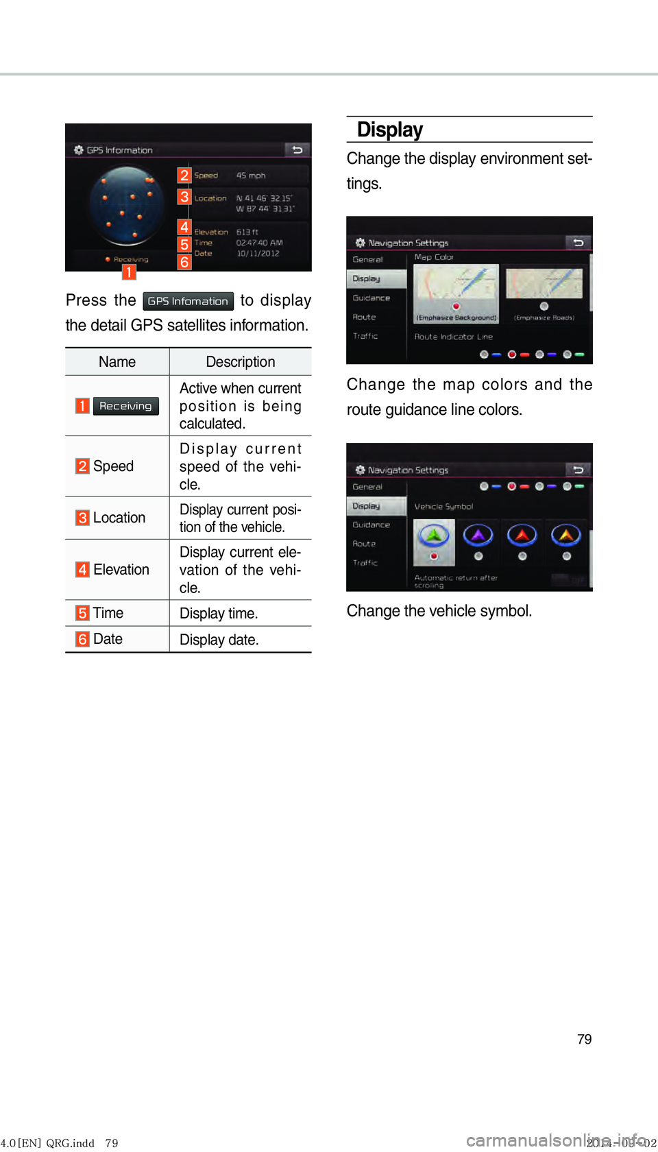 KIA OPTIMA HYBRID 2016  Navigation System Quick Reference Guide 79
Display
Change the display environment set-
tings.
Change the map colors and the 
route guidance line colors.
Change the vehicle symbol.
Press the 002A003300360003002C005100490052005000440057004C00