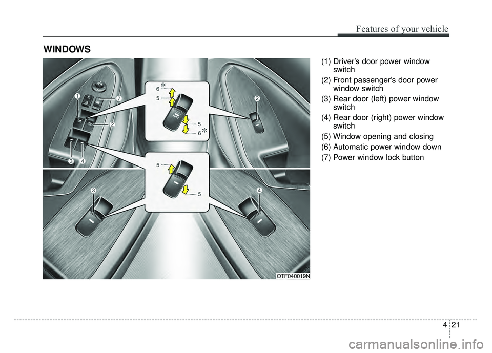 KIA OPTIMA HYBRID 2015 Owners Manual 421
Features of your vehicle
(1) Driver’s door power windowswitch
(2) Front passenger’s door power window switch
(3) Rear door (left) power window switch
(4) Rear door (right) power window switch
KIA OPTIMA HYBRID 2015 Owners Manual 421
Features of your vehicle
(1) Driver’s door power windowswitch
(2) Front passenger’s door power window switch
(3) Rear door (left) power window switch
(4) Rear door (right) power window switch