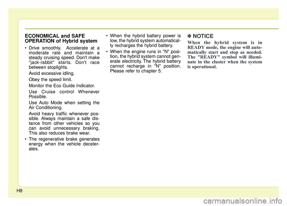 KIA OPTIMA HYBRID 2015  Owners Manual H8
ECONOMICAL and SAFE
OPERATION of Hybrid system
 Drive smoothly. Accelerate at amoderate rate and maintain a
steady cruising speed. Dont make
"jack-rabbit" starts. Dont race
between stoplights.
Av