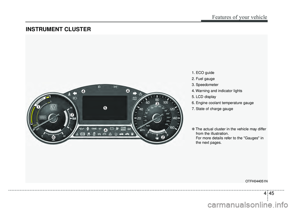 KIA OPTIMA HYBRID 2015 Owners Manual 445
Features of your vehicle
INSTRUMENT CLUSTER
1. ECO guide
2. Fuel gauge
3. Speedometer
4. Warning and indicator lights
5. LCD display
6. Engine coolant temperature gauge
7. State of charge gauge
OT KIA OPTIMA HYBRID 2015 Owners Manual 445
Features of your vehicle
INSTRUMENT CLUSTER
1. ECO guide
2. Fuel gauge
3. Speedometer
4. Warning and indicator lights
5. LCD display
6. Engine coolant temperature gauge
7. State of charge gauge
OT