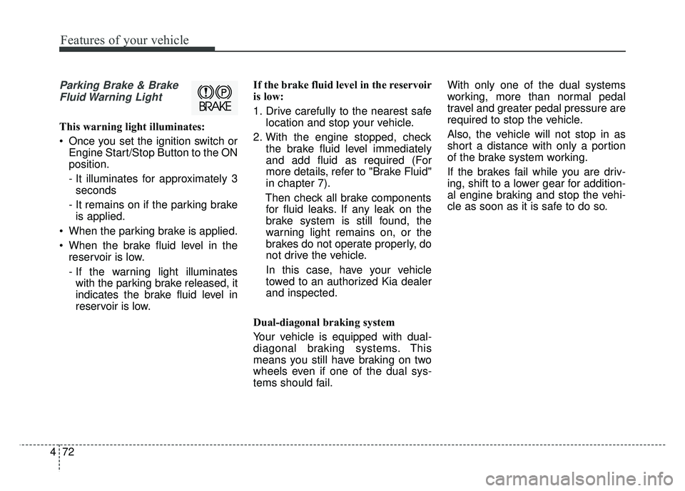 KIA OPTIMA HYBRID 2015  Owners Manual Features of your vehicle
72
4
Parking Brake & Brake
Fluid Warning  Light
This warning light illuminates:
 Once you set the ignition switch or Engine Start/Stop Button to the ON
position.
- It illumina