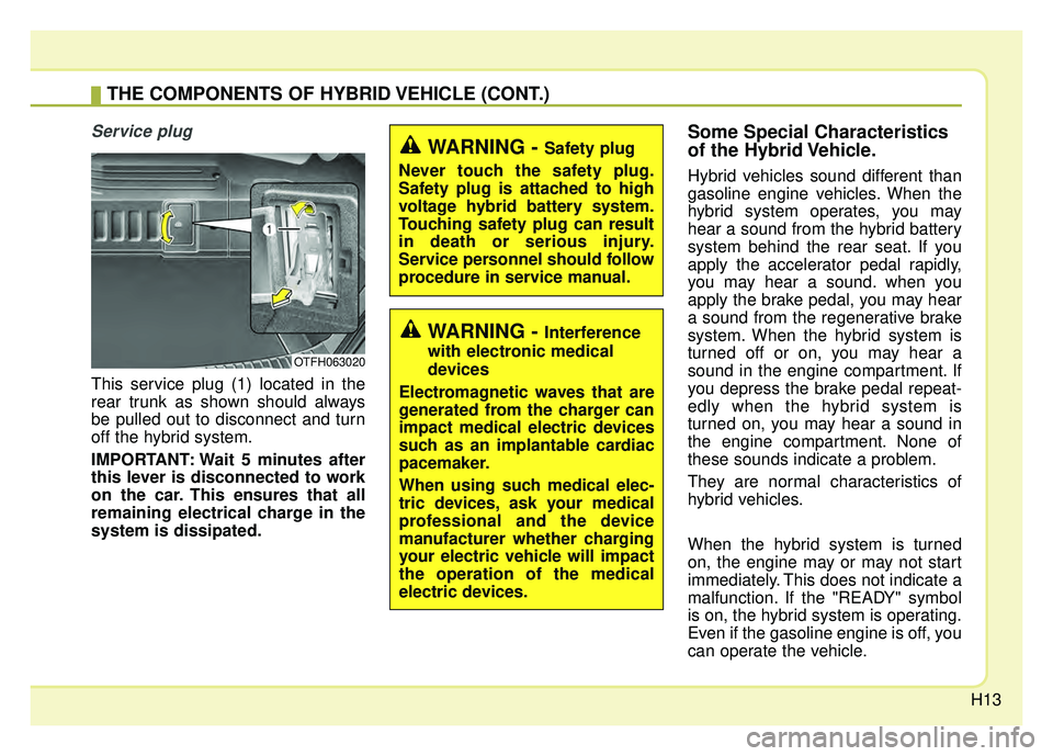 KIA OPTIMA HYBRID 2015  Owners Manual H13
Service plug
This service plug (1) located in the
rear trunk as shown should always
be pulled out to disconnect and turn
off the hybrid system.
IMPORTANT: Wait 5 minutes after
this lever is discon