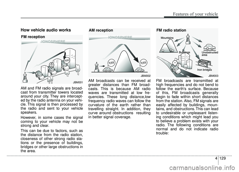 KIA OPTIMA HYBRID 2015 Owners Manual 4129
Features of your vehicle
How vehicle audio works
AM and FM radio signals are broad-
cast from transmitter towers located
around your city. They are intercept-
ed by the radio antenna on your vehi KIA OPTIMA HYBRID 2015 Owners Manual 4129
Features of your vehicle
How vehicle audio works
AM and FM radio signals are broad-
cast from transmitter towers located
around your city. They are intercept-
ed by the radio antenna on your vehi