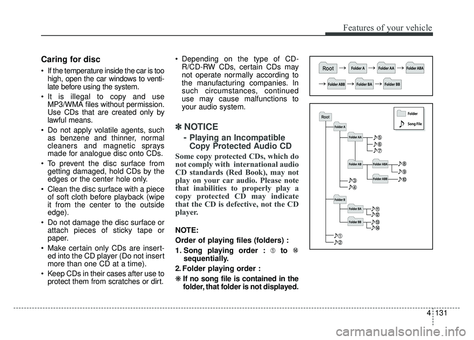 KIA OPTIMA HYBRID 2015  Owners Manual 4131
Features of your vehicle
Caring for disc
 If the temperature inside the car is toohigh, open the car windows to venti-
late before using the system.
 It is illegal to copy and use MP3/WMA files w