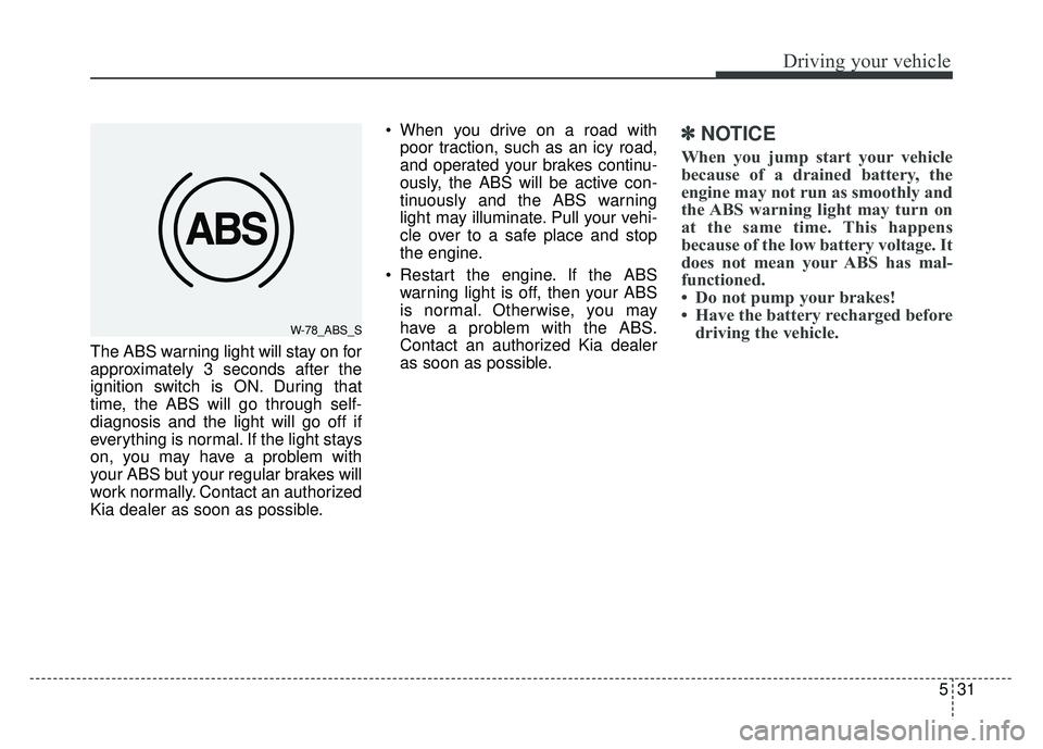 KIA OPTIMA HYBRID 2015  Owners Manual 531
Driving your vehicle
The ABS warning light will stay on for
approximately 3 seconds after the
ignition switch is ON. During that
time, the ABS will go through self-
diagnosis and the light will go