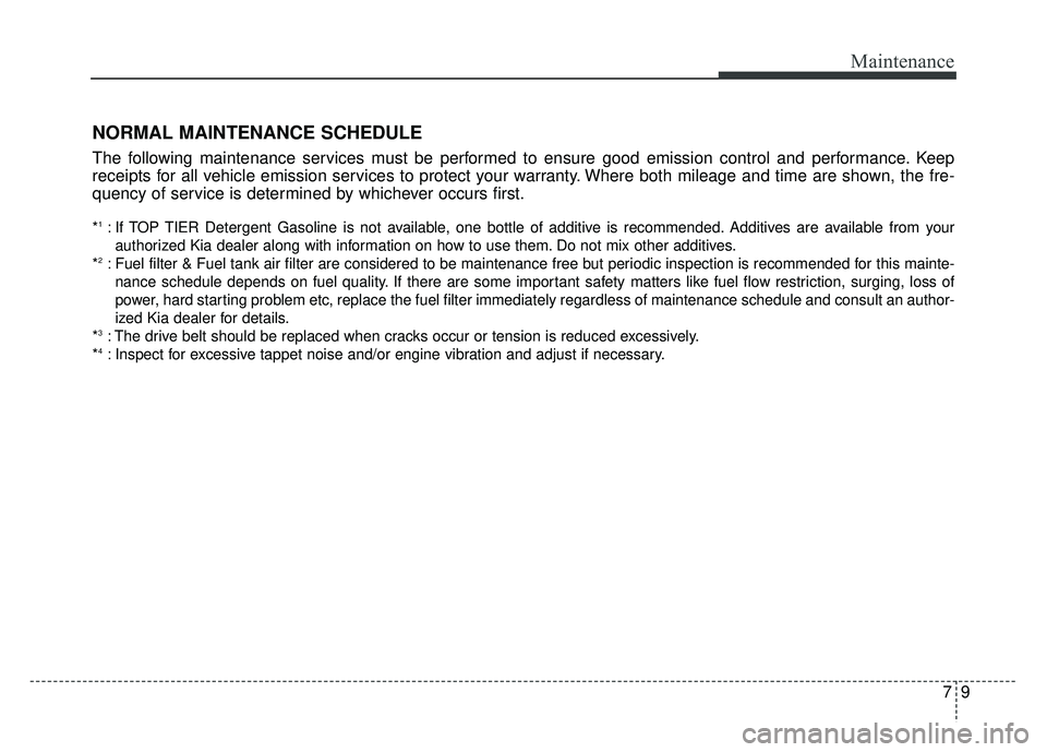 KIA OPTIMA HYBRID 2015  Owners Manual 79
Maintenance
NORMAL MAINTENANCE SCHEDULE
The following maintenance services must be performed to ensure good emission control and performance. Keep
receipts for all vehicle emission services to prot