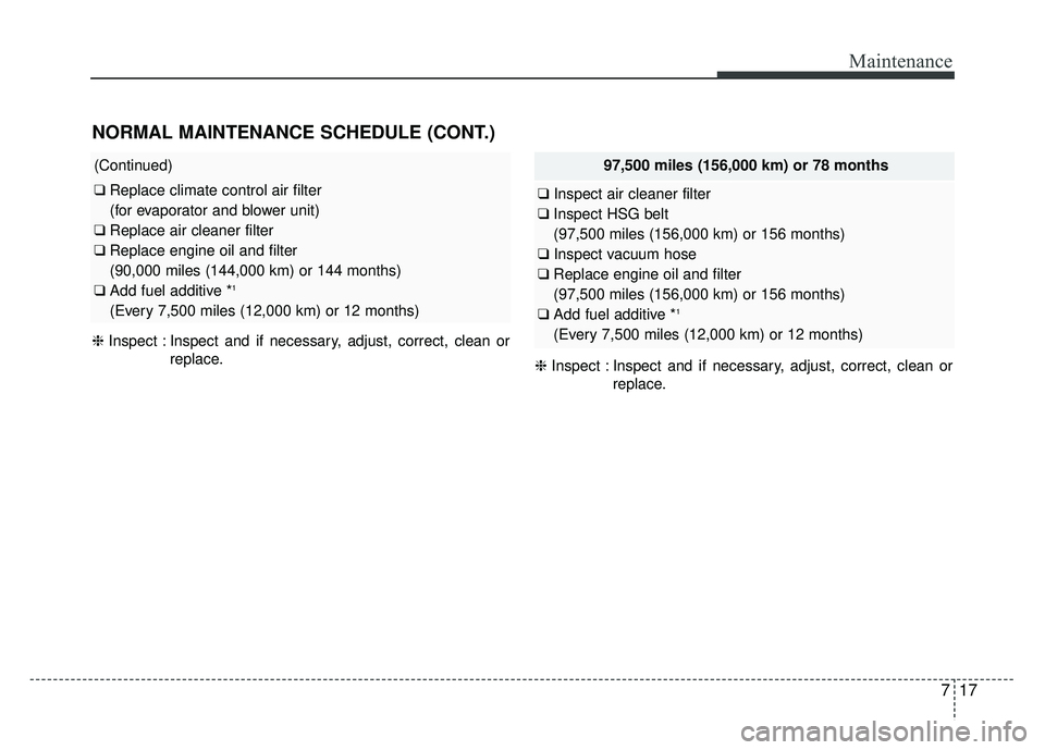 KIA OPTIMA HYBRID 2015 Owners Manual 717
Maintenance
NORMAL MAINTENANCE SCHEDULE (CONT.)
(Continued)
❑Replace climate control air filter
(for evaporator and blower unit)
❑ Replace air cleaner filter
❑ Replace engine oil and filter KIA OPTIMA HYBRID 2015 Owners Manual 717
Maintenance
NORMAL MAINTENANCE SCHEDULE (CONT.)
(Continued)
❑Replace climate control air filter
(for evaporator and blower unit)
❑ Replace air cleaner filter
❑ Replace engine oil and filter