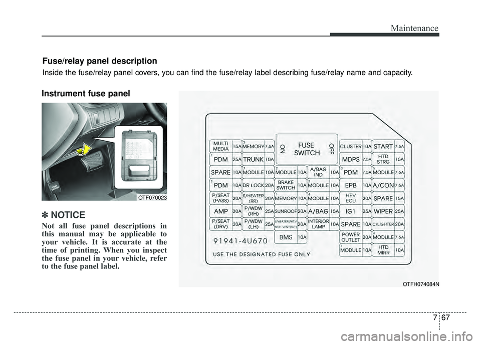 KIA OPTIMA HYBRID 2015  Owners Manual 767
Maintenance
Instrument fuse panel
✽
✽NOTICE
Not all fuse panel descriptions in
this manual may be applicable to
your vehicle. It is accurate at the
time of printing. When you inspect
the fuse 