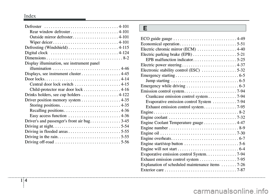 KIA OPTIMA HYBRID 2015  Owners Manual Index
4I
Defroster  . . . . . . . . . . . . . . . . . . . . . . . . . . . . . . . . . . 4-10\
1Rear window defroster . . . . . . . . . . . . . . . . . . . . . . 4-101
Outside mirror defroster . . . . 