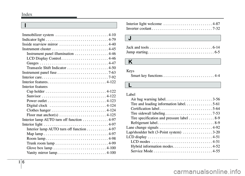 KIA OPTIMA HYBRID 2015  Owners Manual Index
6I
Immobilizer system . . . . . . . . . . . . . . . . . . . . . . . . . . . 4-10
Indicator light . . . . . . . . . . . . . . . . . . . . . . . . . . . . . . . . 4-79
Inside rearview mirror . . .