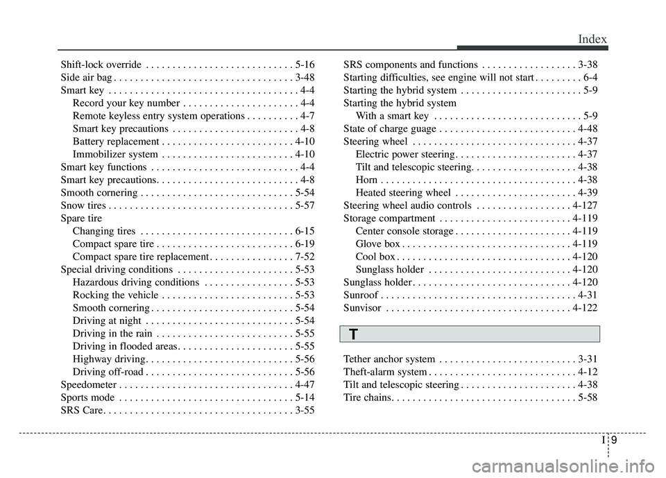 KIA OPTIMA HYBRID 2015 Owners Manual I9
Index
Shift-lock override . . . . . . . . . . . . . . . . . . . . . . . . . . . . 5-16
Side air bag . . . . . . . . . . . . . . . . . . . . . . . . . . . . . . . . . . 3-48\
Smart key . . . . . . KIA OPTIMA HYBRID 2015 Owners Manual I9
Index
Shift-lock override . . . . . . . . . . . . . . . . . . . . . . . . . . . . 5-16
Side air bag . . . . . . . . . . . . . . . . . . . . . . . . . . . . . . . . . . 3-48\
Smart key . . . . . .