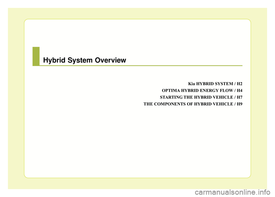 KIA OPTIMA HYBRID 2015  Owners Manual Kia HYBRID SYSTEM / H2
OPTIMA HYBRID ENERGY FLOW / H4
STARTING THE HYBRID VEHICLE / H7
THE COMPONENTS OF HYBRID VEHICLE / H9
Hybrid System Overview 
