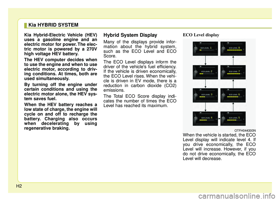 KIA OPTIMA HYBRID 2015  Owners Manual H2
Kia Hybrid-Electric Vehicle (HEV)
uses a gasoline engine and an
electric motor for power. The elec-
tric motor is powered by a 270V
high voltage HEV battery.
The HEV computer decides when
to use th