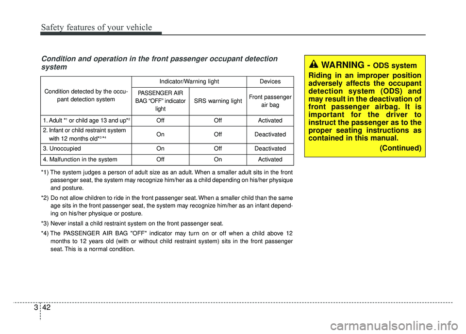 KIA OPTIMA HYBRID 2015  Owners Manual Safety features of your vehicle
42
3
WARNING - ODS system
Riding in an improper position
adversely affects the occupant
detection system (ODS) and
may result in the deactivation of
front passenger air