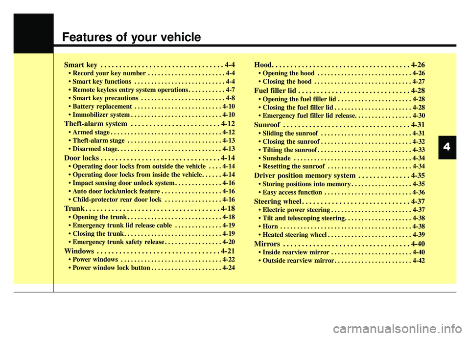 KIA OPTIMA HYBRID 2015  Owners Manual Features of your vehicle
Smart key . . . . . . . . . . . . . . . . . . . . . . . . . . . . . . . . . 4-4
• Record your key number . . . . . . . . . . . . . . . . . . . . . . . 4-4
 . . . . . . . . .