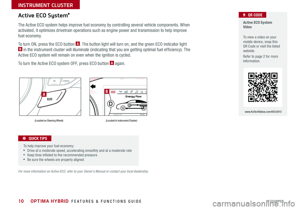 KIA OPTIMA HYBRID 2015 Features and Functions Guide 10
Active ECO System Video
To view a video on your mobile device, snap this QR Code or visit the listed website .
Refer to page 2 for more information .
QR CODE
www.KuTechVideos.com/tf23/2015 KIA OPTIMA HYBRID 2015 Features and Functions Guide 10
Active ECO System Video
To view a video on your mobile device, snap this QR Code or visit the listed website .
Refer to page 2 for more information .
QR CODE
www.KuTechVideos.com/tf23/2015