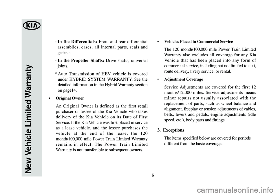 KIA OPTIMA HYBRID 2014 Warranty and Consumer Information Guide -In the Differentials: Front and rear differential
assemblies, cases, all internal parts, seals and
gaskets.
- In the Propeller Shafts: Drive shafts, universal
joints.
* Auto Transmission of HEV vehic KIA OPTIMA HYBRID 2014 Warranty and Consumer Information Guide -In the Differentials: Front and rear differential
assemblies, cases, all internal parts, seals and
gaskets.
- In the Propeller Shafts: Drive shafts, universal
joints.
* Auto Transmission of HEV vehic