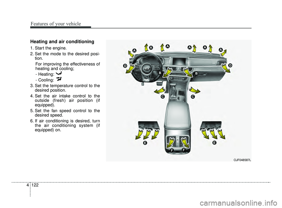 KIA OPTIMA 2020 Features and Functions Guide Features of your vehicle
122
4
Heating and air conditioning
1. Start the engine.
2. Set the mode to the desired posi-
tion.
For improving the effectiveness of
heating and cooling;- Heating:
- Cooling: KIA OPTIMA 2020 Features and Functions Guide Features of your vehicle
122
4
Heating and air conditioning
1. Start the engine.
2. Set the mode to the desired posi-
tion.
For improving the effectiveness of
heating and cooling;- Heating:
- Cooling: