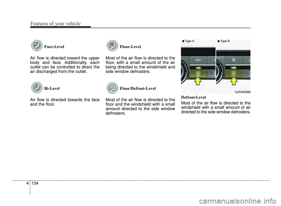 KIA OPTIMA 2020 Features and Functions Guide Features of your vehicle
134
4
Face-Level
Air flow is directed toward the upper
body and face. Additionally, each
outlet can be controlled to direct the
air discharged from the outlet.
Bi-Level
Air f KIA OPTIMA 2020 Features and Functions Guide Features of your vehicle
134
4
Face-Level
Air flow is directed toward the upper
body and face. Additionally, each
outlet can be controlled to direct the
air discharged from the outlet.
Bi-Level
Air f
