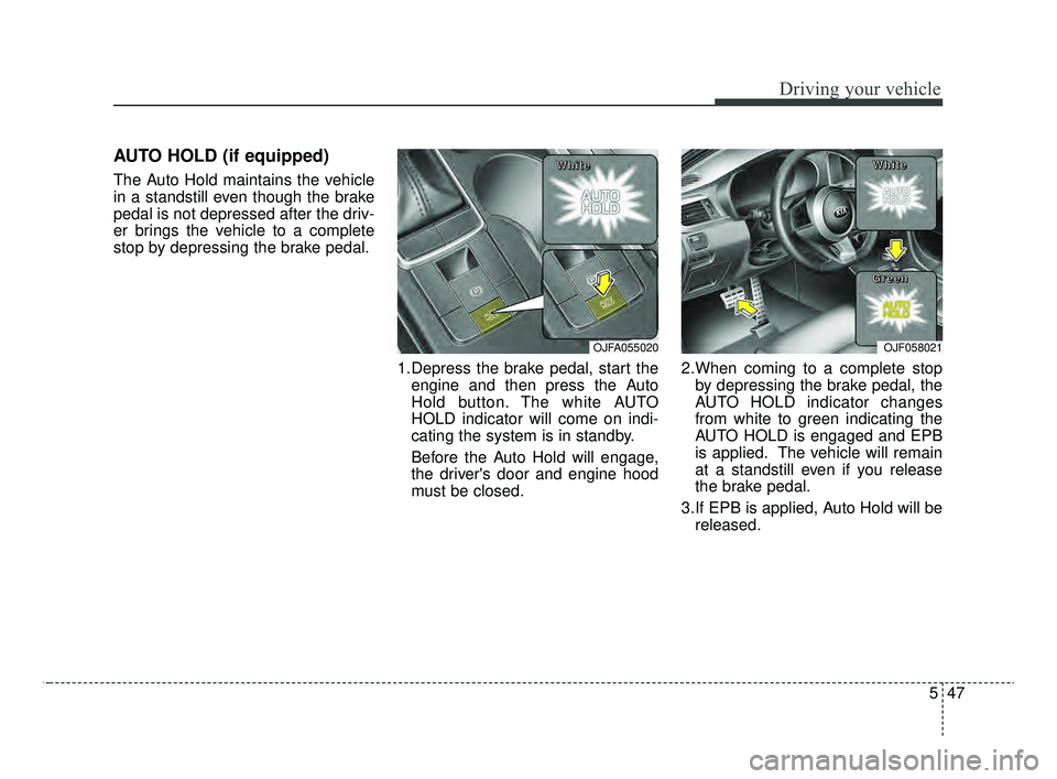 KIA OPTIMA 2020 Features and Functions Guide 547
Driving your vehicle
AUTO HOLD (if equipped)
The Auto Hold maintains the vehicle
in a standstill even though the brake
pedal is not depressed after the driv-
er brings the vehicle to a complete
st KIA OPTIMA 2020 Features and Functions Guide 547
Driving your vehicle
AUTO HOLD (if equipped)
The Auto Hold maintains the vehicle
in a standstill even though the brake
pedal is not depressed after the driv-
er brings the vehicle to a complete
st