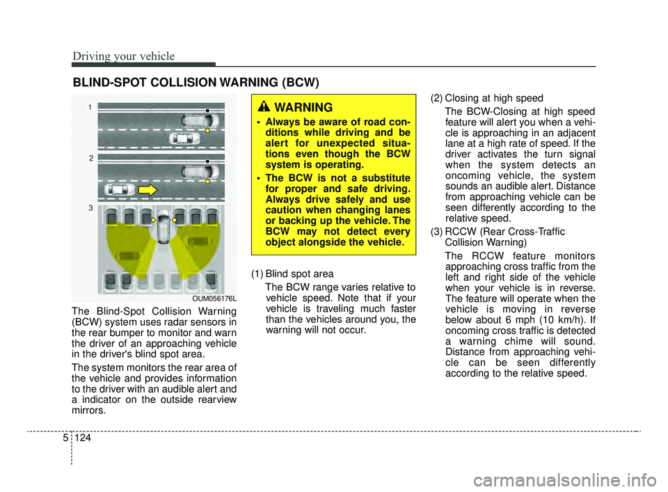 KIA OPTIMA 2020 Features and Functions Guide Driving your vehicle
124
5
The Blind-Spot Collision Warning
(BCW) system uses radar sensors in
the rear bumper to monitor and warn
the driver of an approaching vehicle
in the drivers blind spot area. KIA OPTIMA 2020 Features and Functions Guide Driving your vehicle
124
5
The Blind-Spot Collision Warning
(BCW) system uses radar sensors in
the rear bumper to monitor and warn
the driver of an approaching vehicle
in the drivers blind spot area.