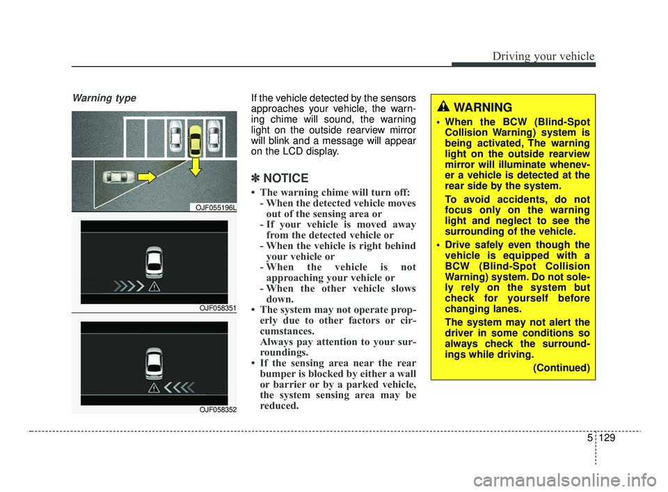 KIA OPTIMA 2020 Features and Functions Guide 5129
Driving your vehicle
Warning typeIf the vehicle detected by the sensors
approaches your vehicle, the warn-
ing chime will sound, the warning
light on the outside rearview mirror
will blink and a KIA OPTIMA 2020 Features and Functions Guide 5129
Driving your vehicle
Warning typeIf the vehicle detected by the sensors
approaches your vehicle, the warn-
ing chime will sound, the warning
light on the outside rearview mirror
will blink and a