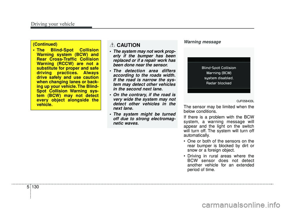 KIA OPTIMA 2020 Features and Functions Guide Driving your vehicle
130
5
Warning message
The sensor may be limited when the
below conditions.
If there is a problem with the BCW
system, a warning message will
appear and the light on the switch
wil KIA OPTIMA 2020 Features and Functions Guide Driving your vehicle
130
5
Warning message
The sensor may be limited when the
below conditions.
If there is a problem with the BCW
system, a warning message will
appear and the light on the switch
wil