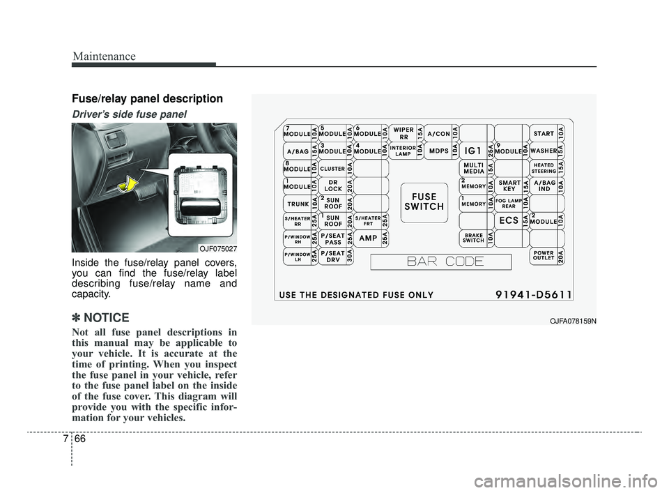KIA OPTIMA 2020 Features and Functions Guide Maintenance
66
7
Fuse/relay panel description
Driver’s side fuse panel
Inside the fuse/relay panel covers,
you can find the fuse/relay label
describing fuse/relay name and
capacity.
✽ ✽
NOTICE
KIA OPTIMA 2020 Features and Functions Guide Maintenance
66
7
Fuse/relay panel description
Driver’s side fuse panel
Inside the fuse/relay panel covers,
you can find the fuse/relay label
describing fuse/relay name and
capacity.
✽ ✽
NOTICE