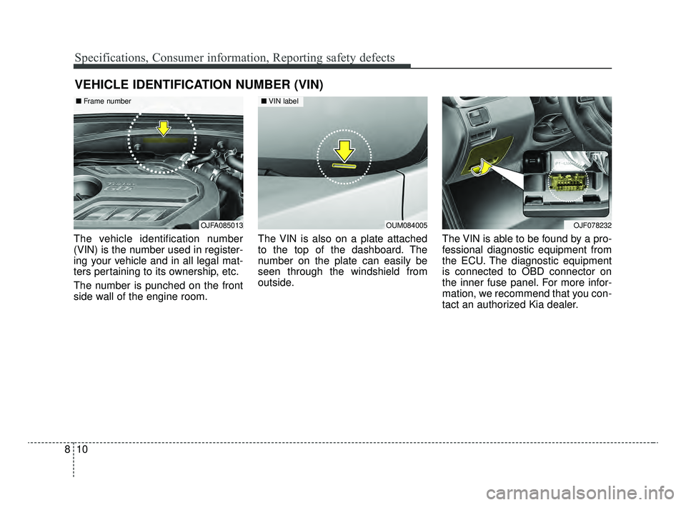 KIA OPTIMA 2020 Features and Functions Guide Specifications, Consumer information, Reporting safety defects
10
8
VEHICLE IDENTIFICATION NUMBER (VIN)
The vehicle identification number
(VIN) is the number used in register-
ing your vehicle and in KIA OPTIMA 2020 Features and Functions Guide Specifications, Consumer information, Reporting safety defects
10
8
VEHICLE IDENTIFICATION NUMBER (VIN)
The vehicle identification number
(VIN) is the number used in register-
ing your vehicle and in