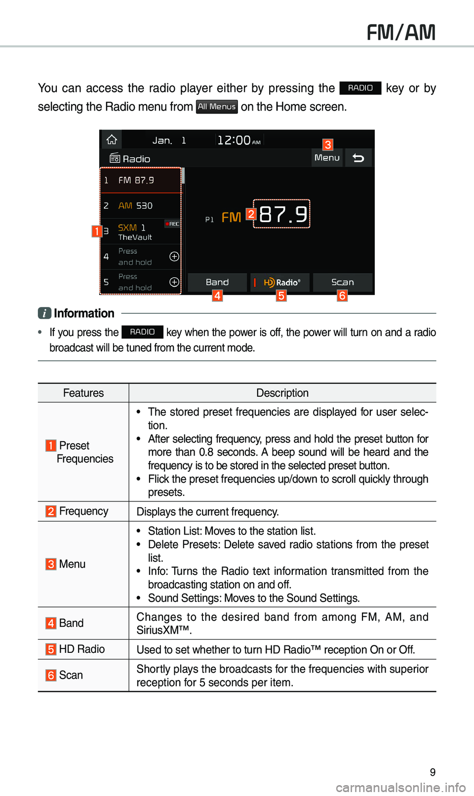 KIA OPTIMA 2020 Navigation System Quick Reference Guide 9
FM/AM
You can access the radio p\bayer either by pressing the RADIO key or by
se\becting the Radio\u \fenu fro\f
All Menus on the Ho\fe screen\u.
i Infor\fation
• If you press the KIA OPTIMA 2020 Navigation System Quick Reference Guide 9
FM/AM
You can access the radio p\bayer either by pressing the RADIO key or by
se\becting the Radio\u \fenu fro\f
All Menus on the Ho\fe screen\u.
i Infor\fation
• If you press the
