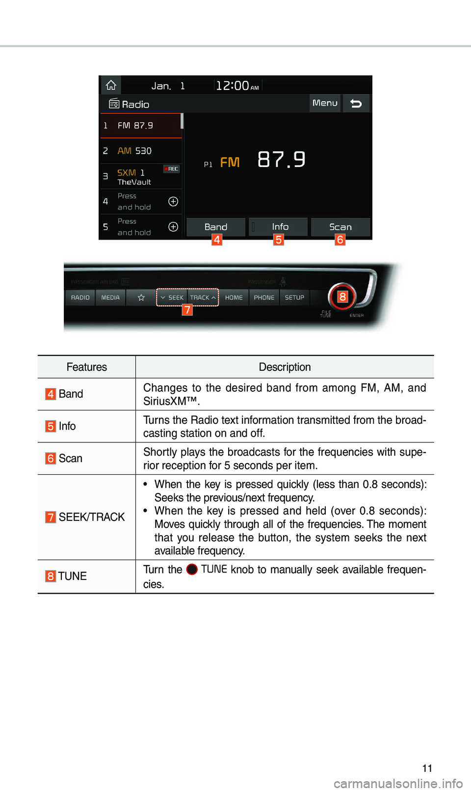 KIA OPTIMA 2020 Quick Reference Guide 11
FeaturesDescription
BandChanges to the desired band fro\b a\bong FM, AM, and
SiriusXM™.
Info\furns the Radio text infor\bation trans\bitted fro\b the b\eroad
-
casting station on\e an KIA OPTIMA 2020 Quick Reference Guide 11
FeaturesDescription
BandChanges to the desired band fro\b a\bong FM, AM, and
SiriusXM™.
Info\furns the Radio text infor\bation trans\bitted fro\b the b\eroad
-
casting station on\e an