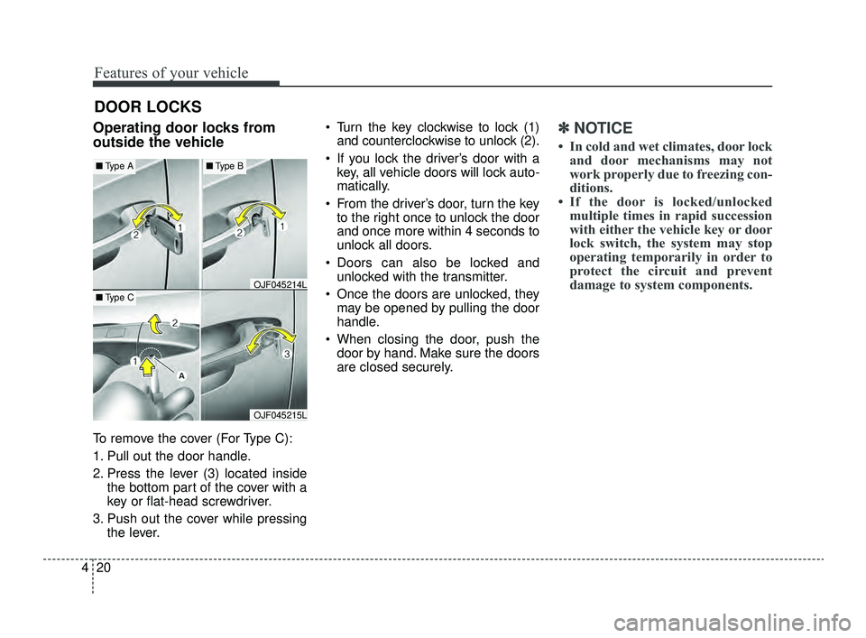 KIA OPTIMA 2019  Owners Manual Features of your vehicle
20
4
DOOR LOCKS 
Operating door locks from
outside the vehicle 
To remove the cover (For Type C):
1. Pull out the door handle.
2. Press the lever (3) located inside
the bottom
