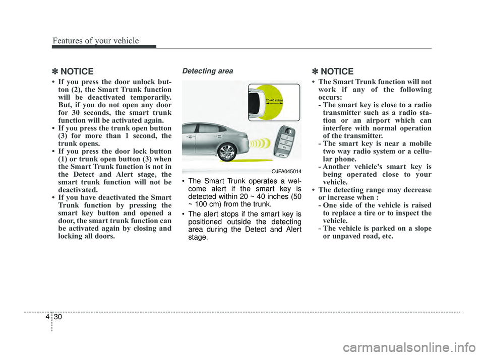 KIA OPTIMA 2019  Owners Manual Features of your vehicle
30
4
✽ ✽
NOTICE
• If you press the door unlock but-
ton (2), the Smart Trunk function
will be deactivated temporarily.
But, if you do not open any door
for 30 seconds, t