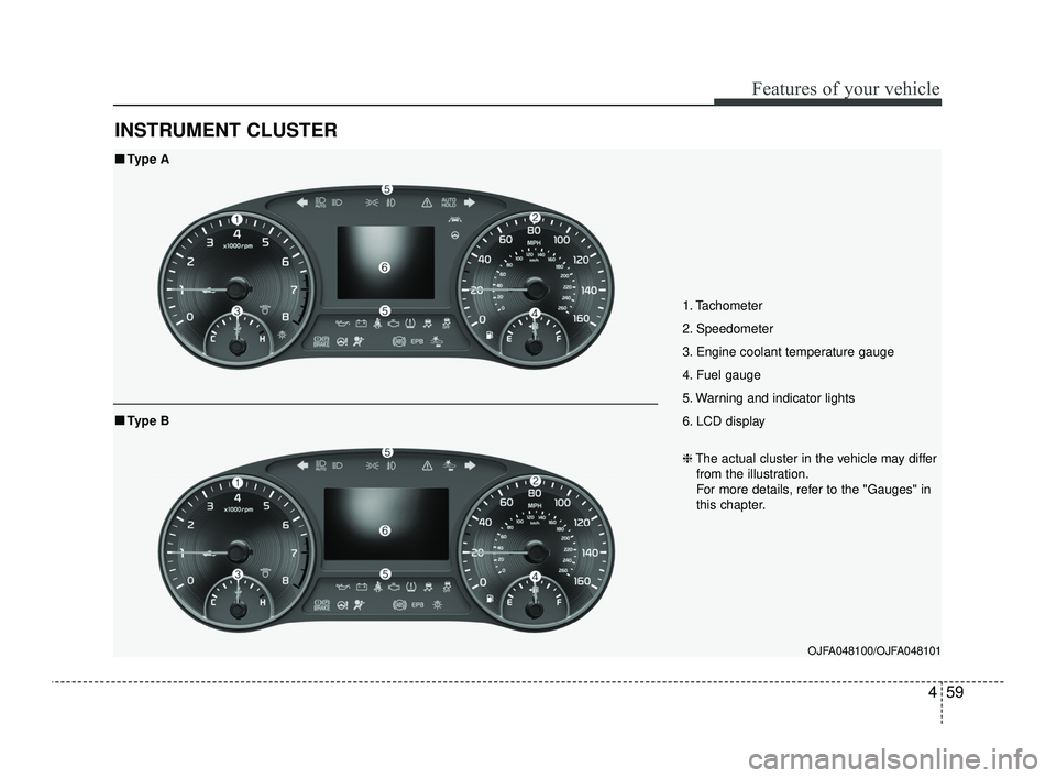 KIA OPTIMA 2019  Owners Manual 459
Features of your vehicle
INSTRUMENT CLUSTER
1. Tachometer 
2. Speedometer
3. Engine coolant temperature gauge
4. Fuel gauge
5. Warning and indicator lights
6. LCD display
OJFA048100/OJFA048101
■