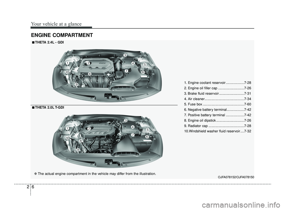 KIA OPTIMA 2019  Owners Manual Your vehicle at a glance
62
ENGINE COMPARTMENT
OJFA078152/OJFA078150
■ ■THETA 2.4L - GDI
❈ The actual engine compartment in the vehicle may differ from the illustration.
■ ■THETA 2.0L T-GDI 