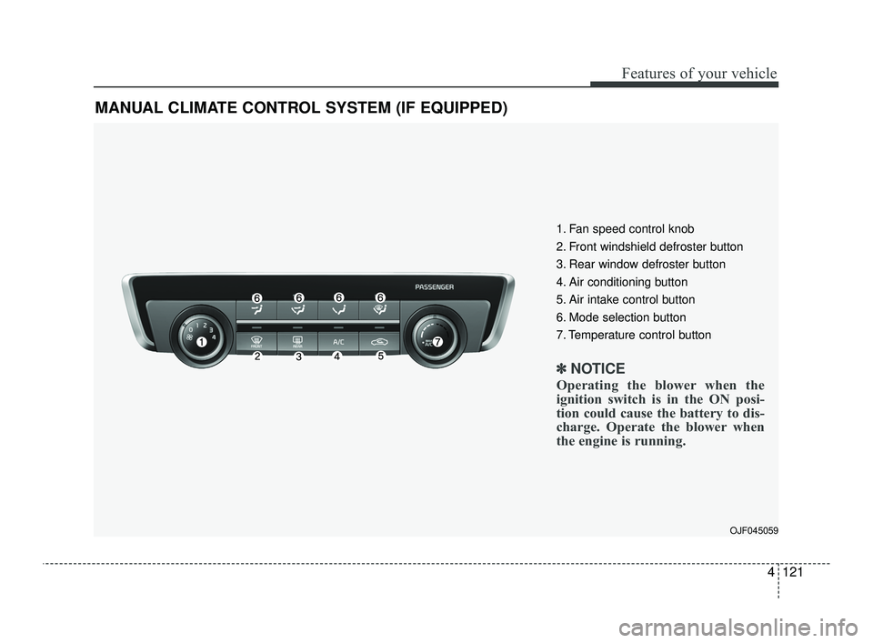 KIA OPTIMA 2019  Owners Manual 4121
Features of your vehicle
MANUAL CLIMATE CONTROL SYSTEM (IF EQUIPPED)
OJF045059
1. Fan speed control knob
2. Front windshield defroster button
3. Rear window defroster button
4. Air conditioning b