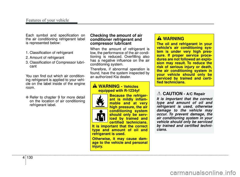KIA OPTIMA 2019 Owners Manual Features of your vehicle
130
4
Each symbol and specification on
the air conditioning refrigerant label
is represented below:
1. Classification of refrigerant
2. Amount of refrigerant
3. Classification KIA OPTIMA 2019 Owners Manual Features of your vehicle
130
4
Each symbol and specification on
the air conditioning refrigerant label
is represented below:
1. Classification of refrigerant
2. Amount of refrigerant
3. Classification