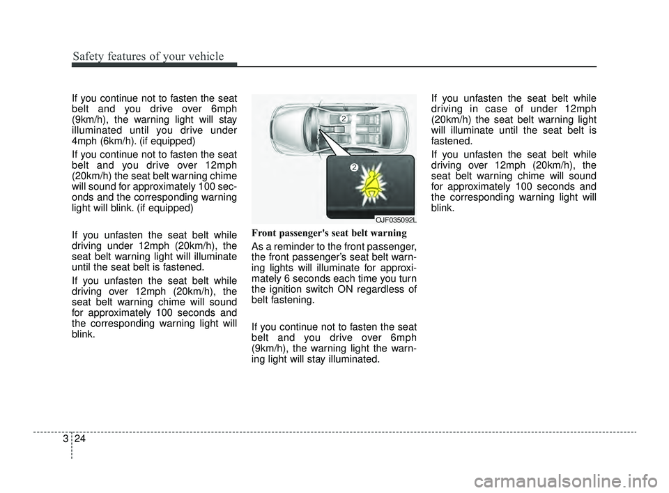 KIA OPTIMA 2019 Service Manual Safety features of your vehicle
24
3
If you continue not to fasten the seat
belt and you drive over 6mph
(9km/h), the warning light will stay
illuminated until you drive under
4mph (6km/h). (if equipp