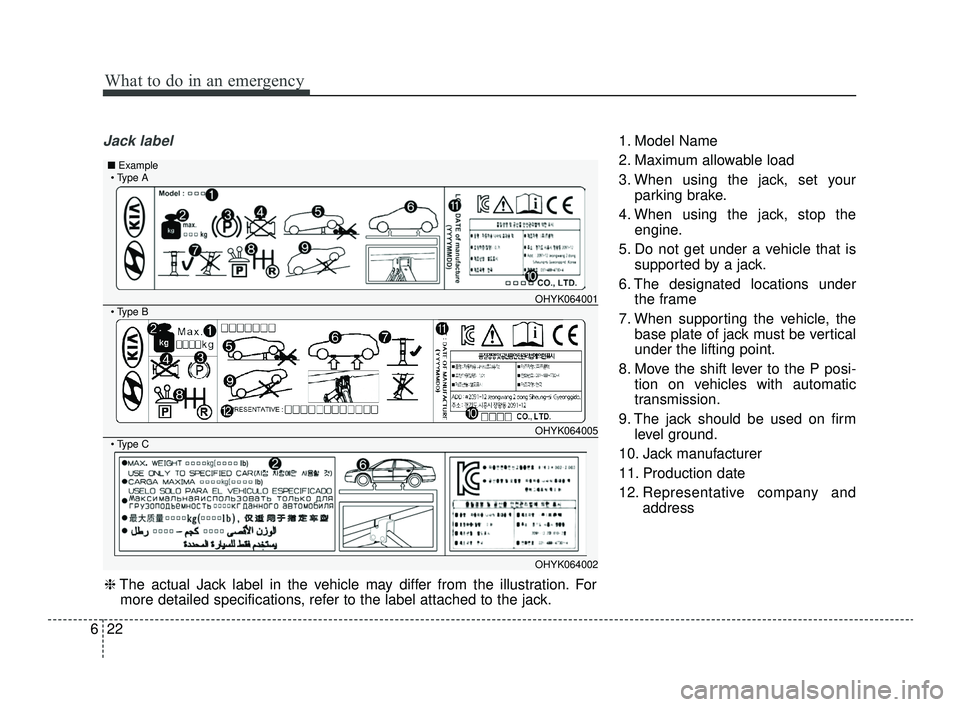 KIA OPTIMA 2019 Owners Manual What to do in an emergency
22
6
Jack label1. Model Name
2. Maximum allowable load
3. When using the jack, set your
parking brake.
4. When using the jack, stop the engine.
5. Do not get under a vehicle KIA OPTIMA 2019 Owners Manual What to do in an emergency
22
6
Jack label1. Model Name
2. Maximum allowable load
3. When using the jack, set your
parking brake.
4. When using the jack, stop the engine.
5. Do not get under a vehicle