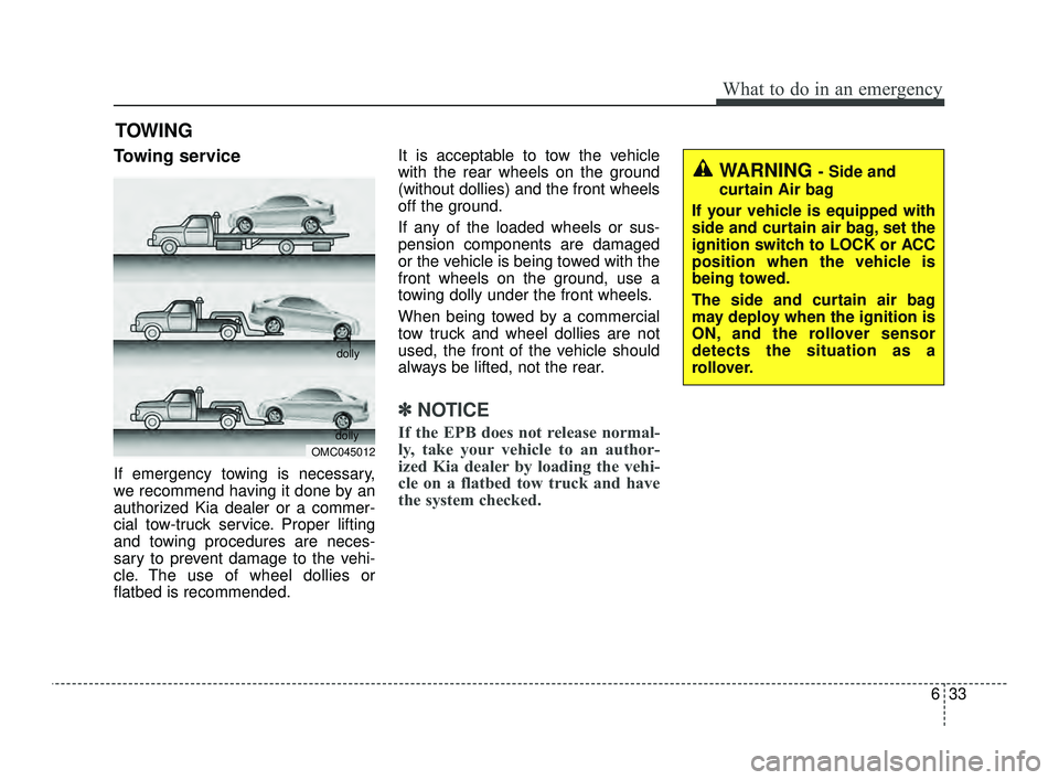 KIA OPTIMA 2019 Owners Guide 633
What to do in an emergency
TOWING
Towing service
If emergency towing is necessary,
we recommend having it done by an
authorized Kia dealer or a commer-
cial tow-truck service. Proper lifting
and t