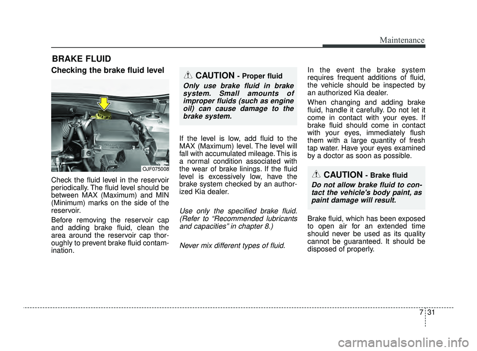 KIA OPTIMA 2019  Owners Manual 731
Maintenance
BRAKE FLUID 
Checking the brake fluid level  
Check the fluid level in the reservoir
periodically. The fluid level should be
between MAX (Maximum) and MIN
(Minimum) marks on the side o