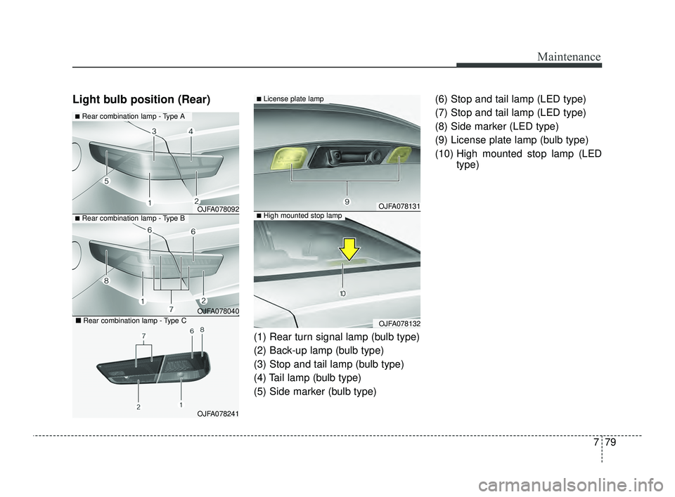 KIA OPTIMA 2019 Owners Manual 779
Maintenance
Light bulb position (Rear)
(1) Rear turn signal lamp (bulb type)
(2) Back-up lamp (bulb type)
(3) Stop and tail lamp (bulb type)
(4) Tail lamp (bulb type)
(5) Side marker (bulb type)(6 KIA OPTIMA 2019 Owners Manual 779
Maintenance
Light bulb position (Rear)
(1) Rear turn signal lamp (bulb type)
(2) Back-up lamp (bulb type)
(3) Stop and tail lamp (bulb type)
(4) Tail lamp (bulb type)
(5) Side marker (bulb type)(6