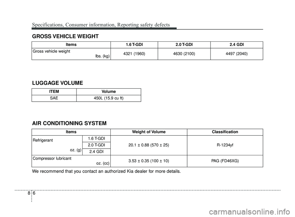 KIA OPTIMA 2019  Owners Manual Specifications, Consumer information, Reporting safety defects
68
GROSS VEHICLE WEIGHT
AIR CONDITIONING SYSTEM LUGGAGE VOLUME
We recommend that you contact an authorized Kia dealer for more details.
I
