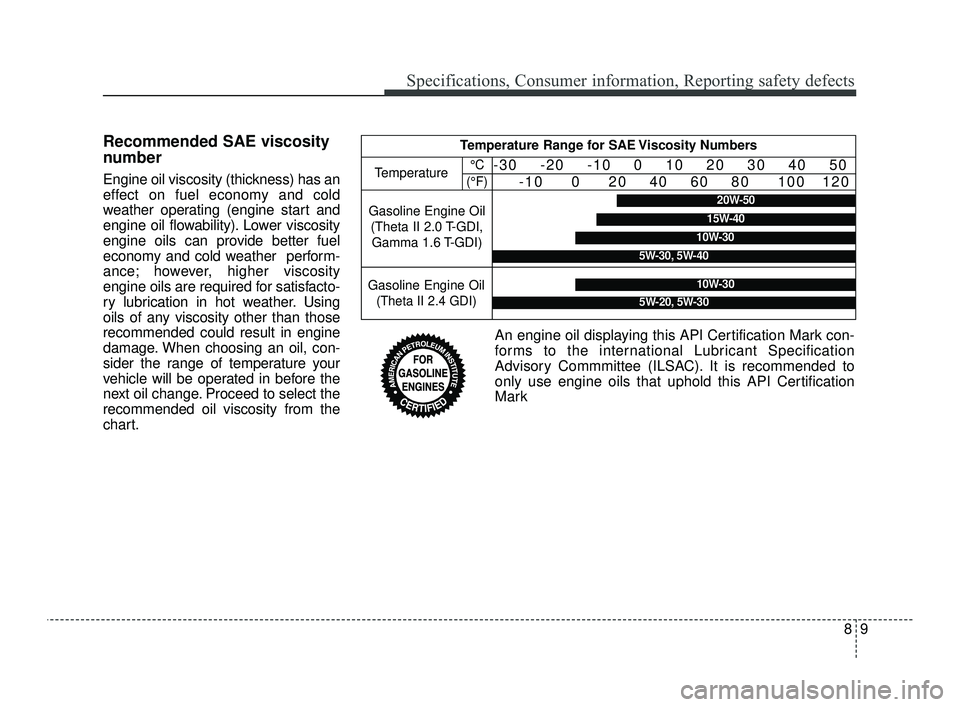 KIA OPTIMA 2019  Owners Manual 89
Specifications, Consumer information, Reporting safety defects
Recommended SAE viscosity
number
Engine oil viscosity (thickness) has an
effect on fuel economy and cold
weather operating (engine sta