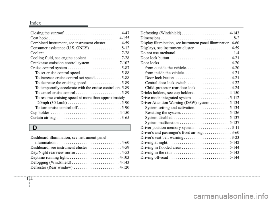 KIA OPTIMA 2019 Owners Manual Index
4I
Closing the sunroof. . . . . . . . . . . . . . . . . . . . . . . . . . . . 4-47
Coat hook . . . . . . . . . . . . . . . . . . . . . . . . . . . . . . . . . . 4-15\
5
Combined instrument, see KIA OPTIMA 2019 Owners Manual Index
4I
Closing the sunroof. . . . . . . . . . . . . . . . . . . . . . . . . . . . 4-47
Coat hook . . . . . . . . . . . . . . . . . . . . . . . . . . . . . . . . . . 4-15\
5
Combined instrument, see