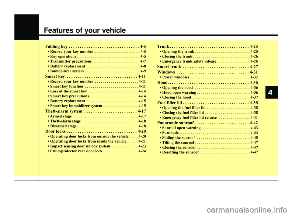 KIA OPTIMA 2019  Owners Manual Features of your vehicle
Folding key . . . . . . . . . . . . . . . . . . . . . . . . . . . . . . . . 4-5
• Record your key number . . . . . . . . . . . . . . . . . . . . . . . 4-5
• Key operations