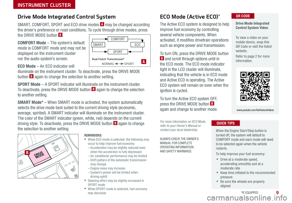 KIA OPTIMA 2019  Features and Functions Guide 9
ALWAYS CHECK THE OWNER’S MANUAL FOR COMPLETE  OPERATING INFORMATION  AND SAFETY WARNINGS . 
*IF EQUIPPED 
SMART, COMFORT, SPORT and ECO drive modes A may be changed according 
the driver’s prefe